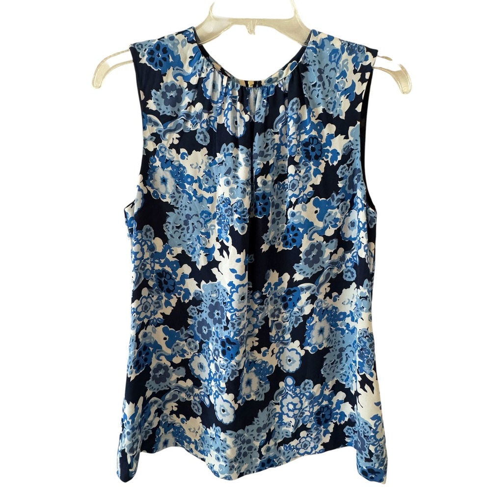 Tory Burch Blue Floral Silk Sleeveless Blouse Logo Zip Back Size 6